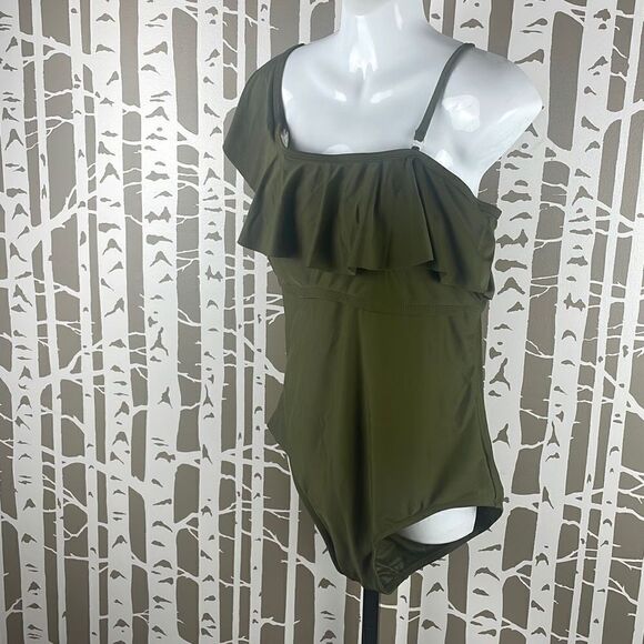 Playa Swim Olive Green Ruffled One Shoulder One Piece Swimsuit sz XL (16) - Picture 2 of 9